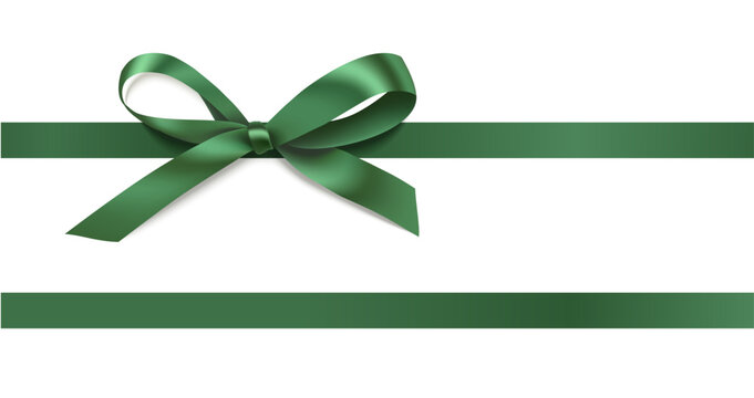 Decorative Christmas green bow with horizontal ribbon isolated on white. Beautiful new year decoration for your design. Vector stock illustration.
