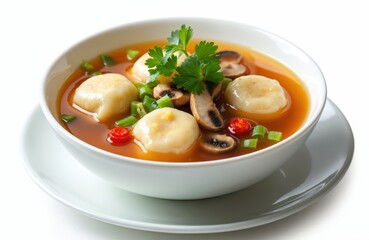 Steaming bowl of wonton soup, featuring dumplings, mushrooms, chili, and scallions in rich broth. Garnished with fresh parsley, served in white dish on white background.
