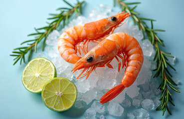 Two fresh prawns rest on crushed ice with lime slices and rosemary sprigs. This uncooked seafood ingredient is ready for cooking or serving at any meal.