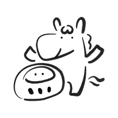 かわいい達磨と笑顔で喜ぶ馬　正月素材・墨絵・モノクロ