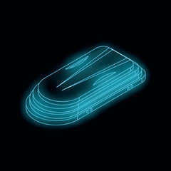 Isometric neon blue roof box glowing on dark background, ideal for travel and vacation concepts