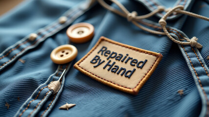 Repaired by hand label sewn onto jeans between metal button and zipper line closeup