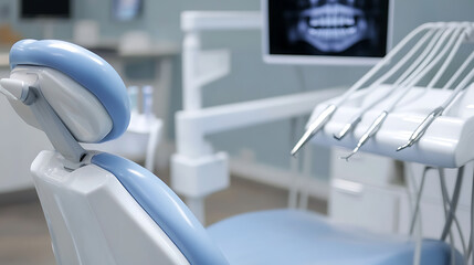 An empty chair in a bright, modern dental clinic, showcasing specialized equipment and an X-ray image, creating a serene yet professional atmosphere.