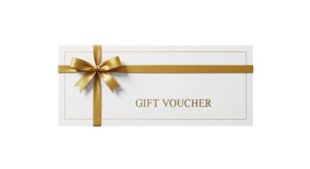 Elegant Gift Voucher with Gold Ribbon and Bow on White Background.