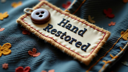 Hand restored label with white stitching placed beside plastic button on dark denim