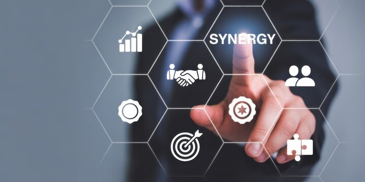 Collaboration and Synergy: A sharp-dressed individual utilizes advanced technology, activating a network of icons representing the strength of collaboration and synergy for business success.