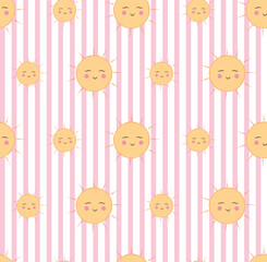 sweet sun pattern with striped pink background. pastel design, seamless pattern with a playful and dreamy feel, perfect for kids' textiles, packaging. cute background for baby room decor