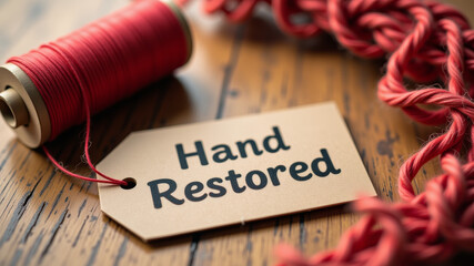 Hand restored label with thread spool placed on wooden surface with red string bundle
