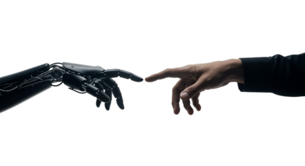 Robot and human hands about to touch, a modern Creation of Adam concept. Isolated on transparent background, png