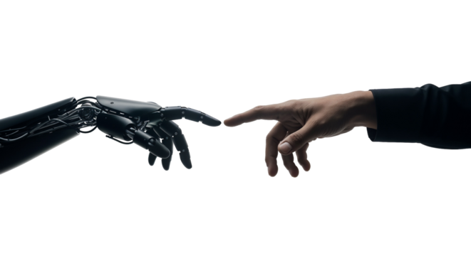Robot and human hands about to touch, a modern Creation of Adam concept. Isolated on transparent background, png