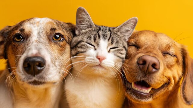 Veterinarian with pets banner with happy fluffy dogs and cat in veterinary clinic. Medical care for domestic animals