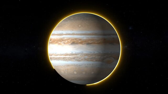 Beautiful animation of Jupiter planet with yellow neon and starry universe background. Perfect for educational, sci fi, and space-themed content.