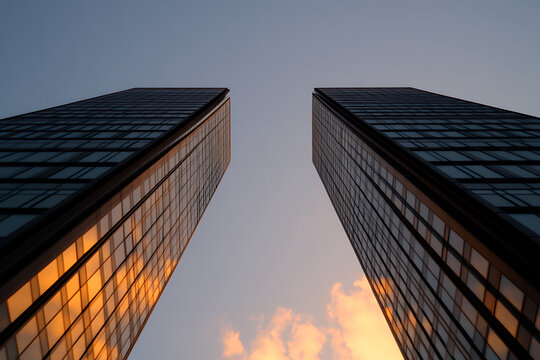 Two high-rise buildings stand tall, reaching for the sky. The sky is colored with the warm hues of sunset, which are reflected in the glass facade of the buildings. Modern architecture is on display.