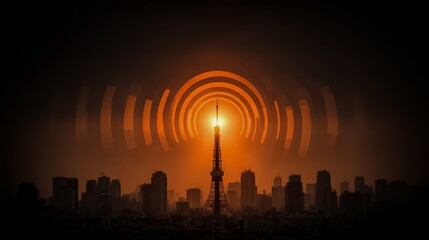 City skyline with a tall tower in the center. The tower is surrounded by a large circle of orange and black