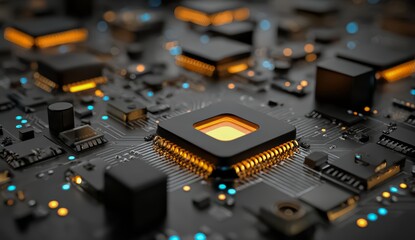 Close up of a computer chip with a yellow square in the middle. The chip is surrounded by a black background