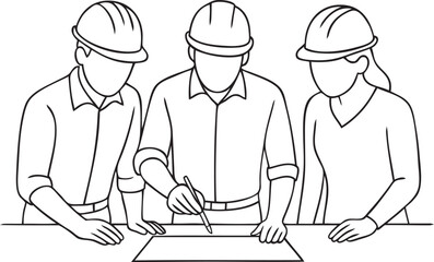 Engineers Reviewing Blueprint – Line Art Illustration
