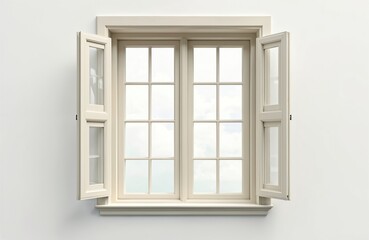 Open window with white shutters reveals cloudy sky view. Clean interior architectural detail invites fresh air. Light streams into building space.