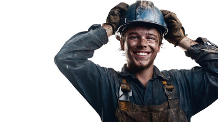 A smiling worker with a hard hat and dirty clothing looks up. 