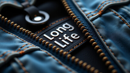 Metal zipper opened on black denim with long life message on label between teeth