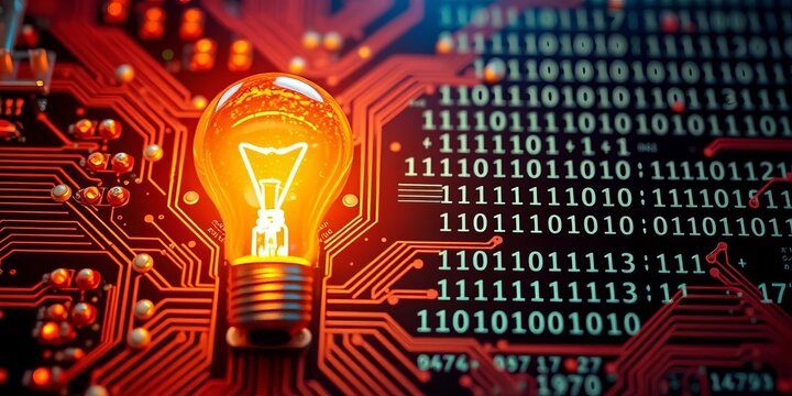 Glowing circuit board with binary code forming a lightbulb,  binary,  solution - Powered by Adobe