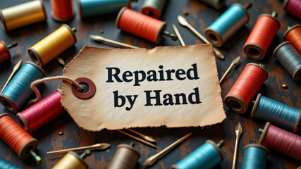 Repaired by hand label placed on pile of colorful spools in sewing workspace flatlay