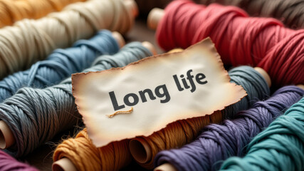 Long life message tag laid on multicolored embroidery threads in sewing setup