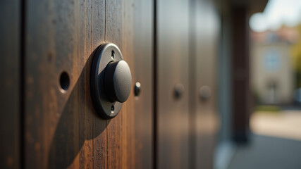 Button on wood door seen closeup with shallow depth of field in natural lighting