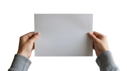 Hands holding blank white sheet of paper isolated on a transparent background