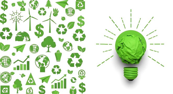 Green energy and ecofriendly concepts, including recycling, wind turbines, and financial growth charts, isolated on white background