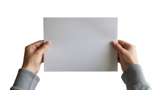 Hands holding blank white sheet of paper isolated on a transparent background