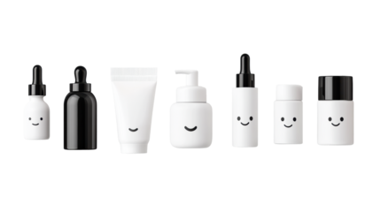 Travel-sized skincare bottles with smiley faces on Transparent Background