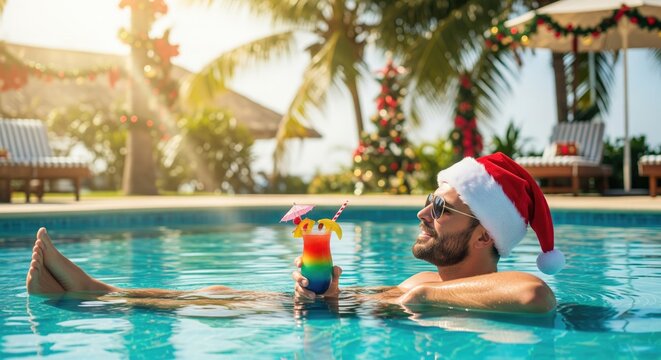 Man relaxing in pool with colorful drink, wearing Santa hat, sunny tropical setting.