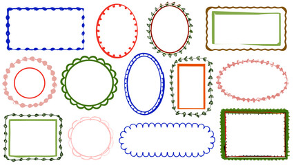 Doodle coastal frame set, hand drawn colorful border collection. Elegant retro empty banner, poster, placard, postal stamp. Doodle frame décor.