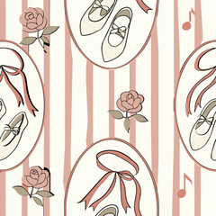 Italian seamless vector pattern with ballet slippers, roses, ribbons, and music notes. Stripes make it perfect for fabric, wrapping, and spring. © Fatema