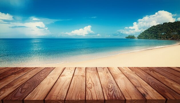pictures of wooden tabletop with stunning tropical ocean and sandy beach background ideal for showcasing or assembling your items vintage effect applied