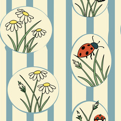 Italian seamless vector pattern with daisies, grass sprigs, bumblebees, ladybugs, and tiny mushrooms. Stripes make it perfect for fabric, wrapping, and spring. © Fatema