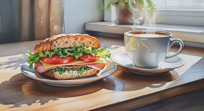 Fresh sandwich and steaming coffee cup on a wooden table near a window. Watercolor painting depicting a casual breakfast or snack.