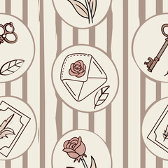 Italian seamless vector pattern with postage stamps, letters, quills, roses, and keys. Stripes make it perfect for fabric, wrapping, and spring.