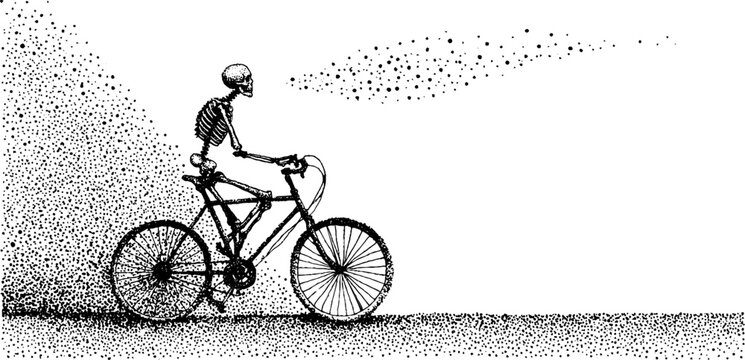 Retro skeleton cycling adventure in vintage dotwork style