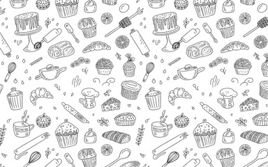 Seamless hand drawn baking pattern with cakes cupcakes croissants desserts kitchen tools whisks rolling pins mugs piping bags muffins