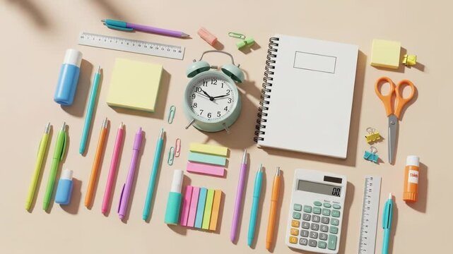 Collection of colorful stationery items and an alarm clock on a light surface