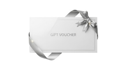 Elegant Gift Voucher with Silver Ribbon and Bow on White Background.