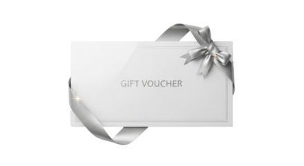 Elegant Gift Voucher with Silver Ribbon and Bow on White Background.