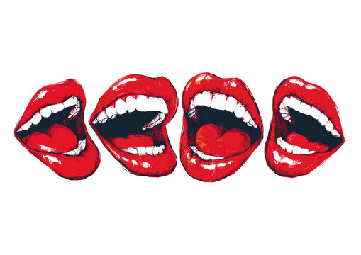 Four Red Lips Open Mouths Laughing Expressively on White Background