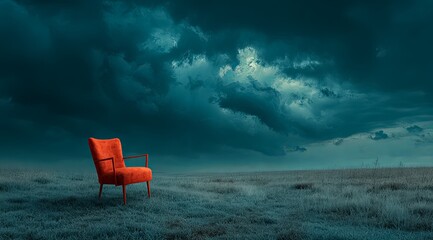 Red chair is sitting in a field of grass. The sky is dark and cloudy, and the chair is the only object in the scene