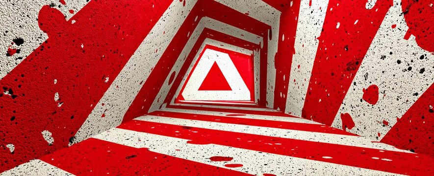 Fototapeta Red and white striped tunnel with a triangle in the middle. The tunnel is very narrow