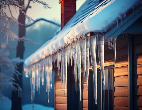 extended frozen icicles hanging from the house roof