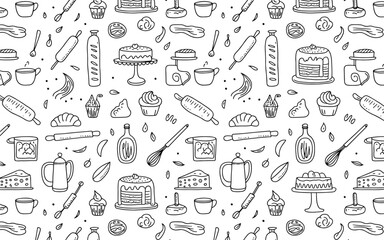Seamless baking doodle pattern with cakes, cupcakes, pies, croissants, utensils, rolling pins, whisks, bowls, kitchen tools, culinary background