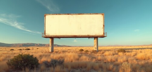 Large blank white billboard with rusted edges in arid desert landscape. Empty sign stands in dry grass field against blue sky. Wide open space for copy. Isolated signpost, vintage outdoor advert.