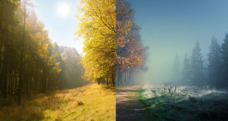 Fototapeta premium Autumn forest landscape showcasing vibrant yellow foliage on the left and a serene foggy scene with evergreen trees on the right, illustrating seasonal contrasts in nature